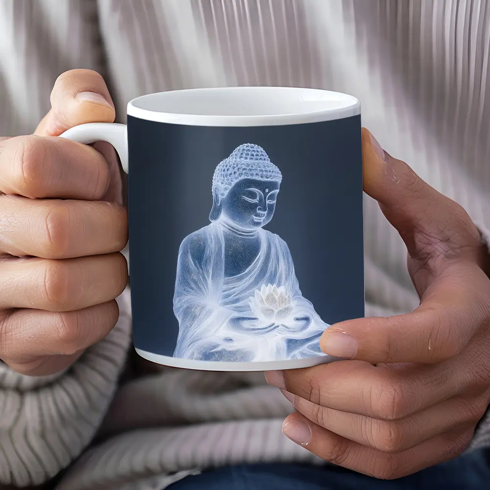 Glowing Buddha Lotus Meditation Gray Background – Mugs