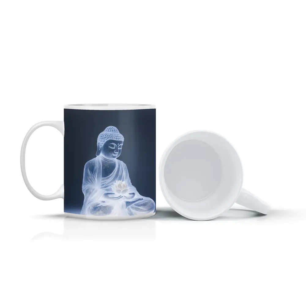 Glowing Buddha Lotus Meditation Gray Background – Mugs