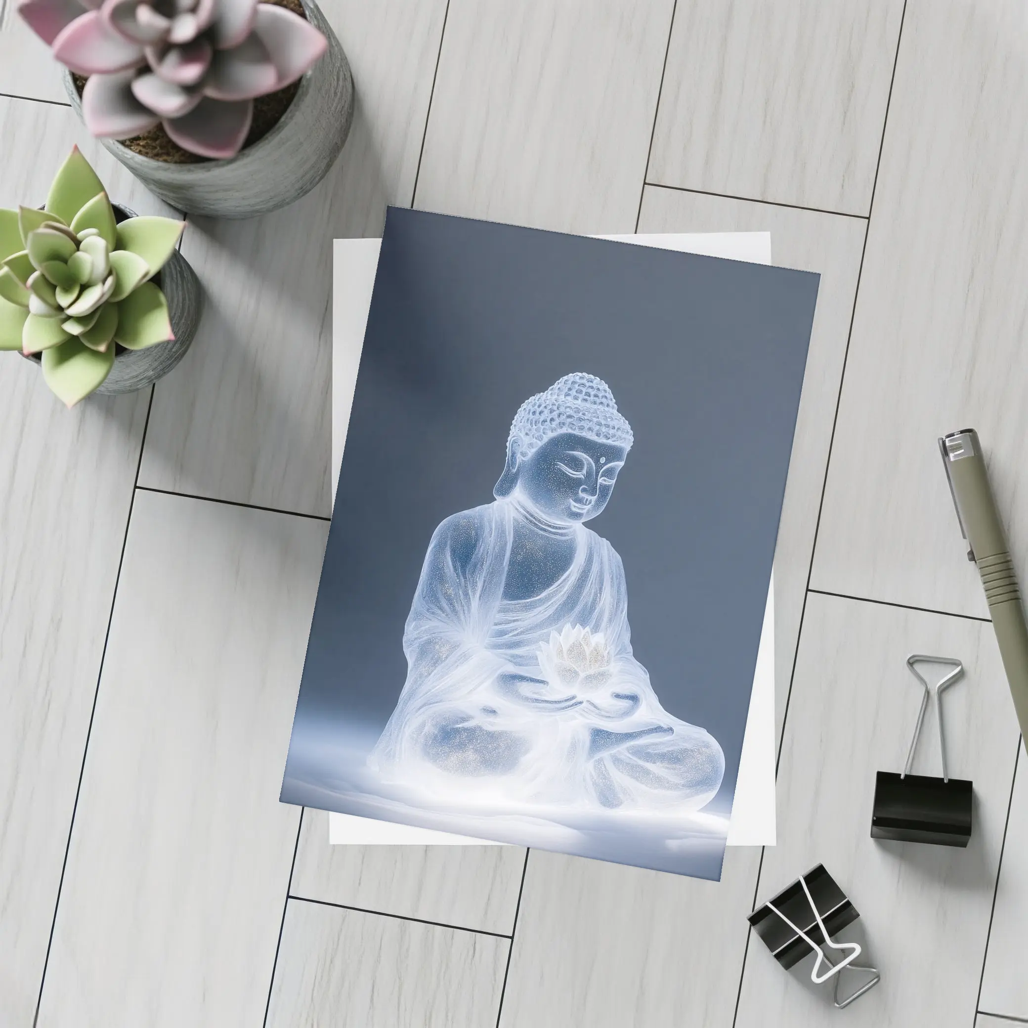 Glowing Buddha Lotus Meditation Gray Background – Postcards