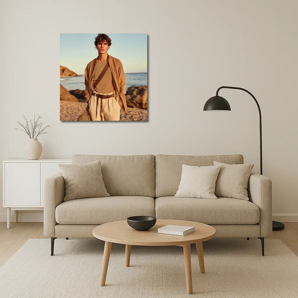 Young Man Beige Outfit Rocky Beach – Wall Art