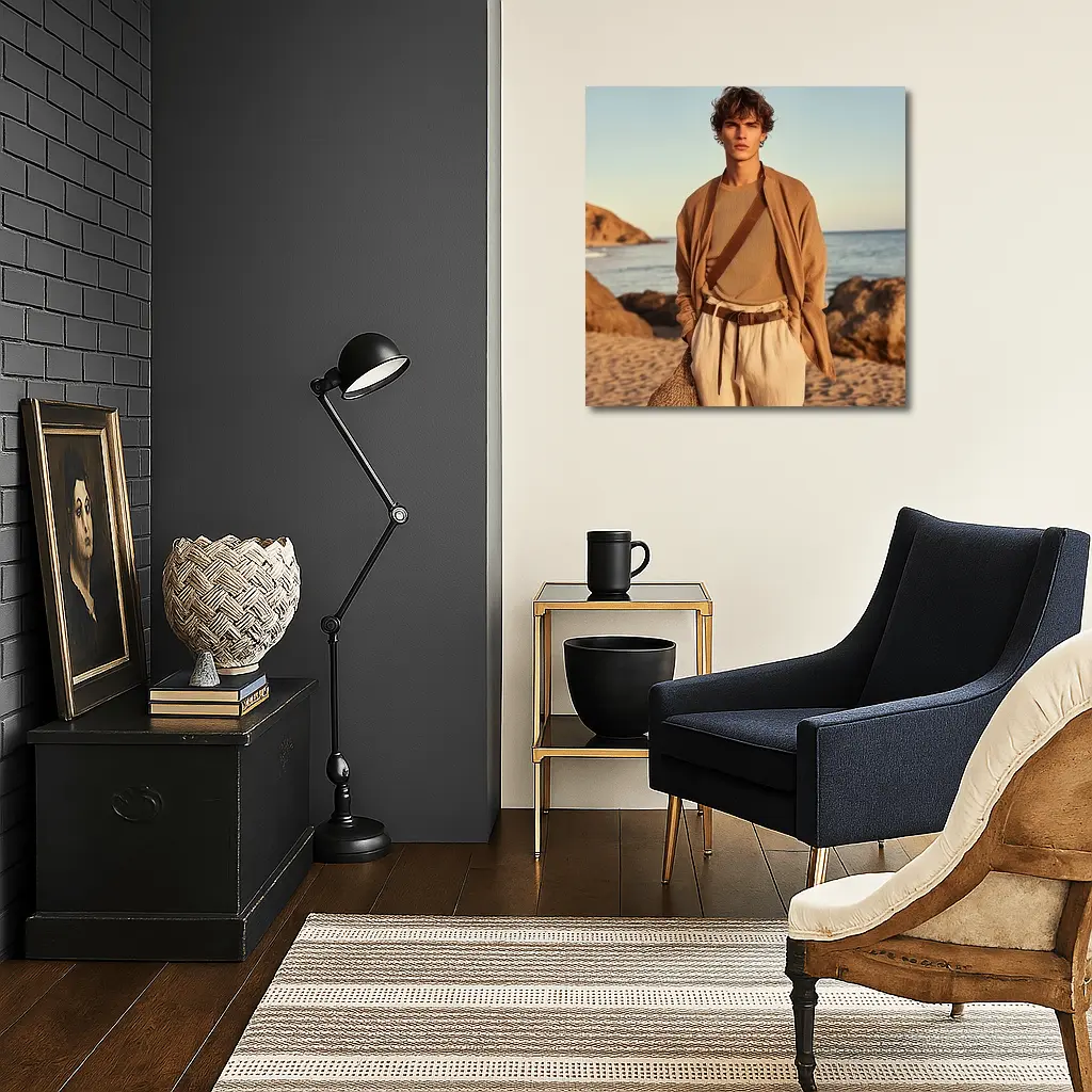 Young Man Beige Outfit Rocky Beach – Wall Art