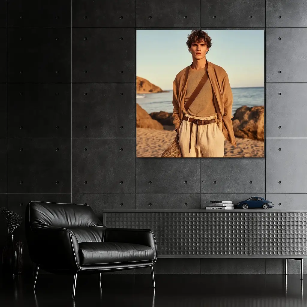 Young Man Beige Outfit Rocky Beach – Wall Art