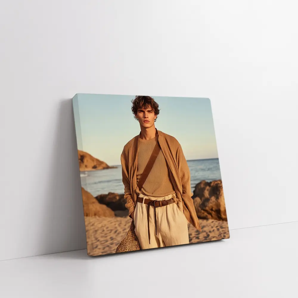 Young Man Beige Outfit Rocky Beach – Wall Art