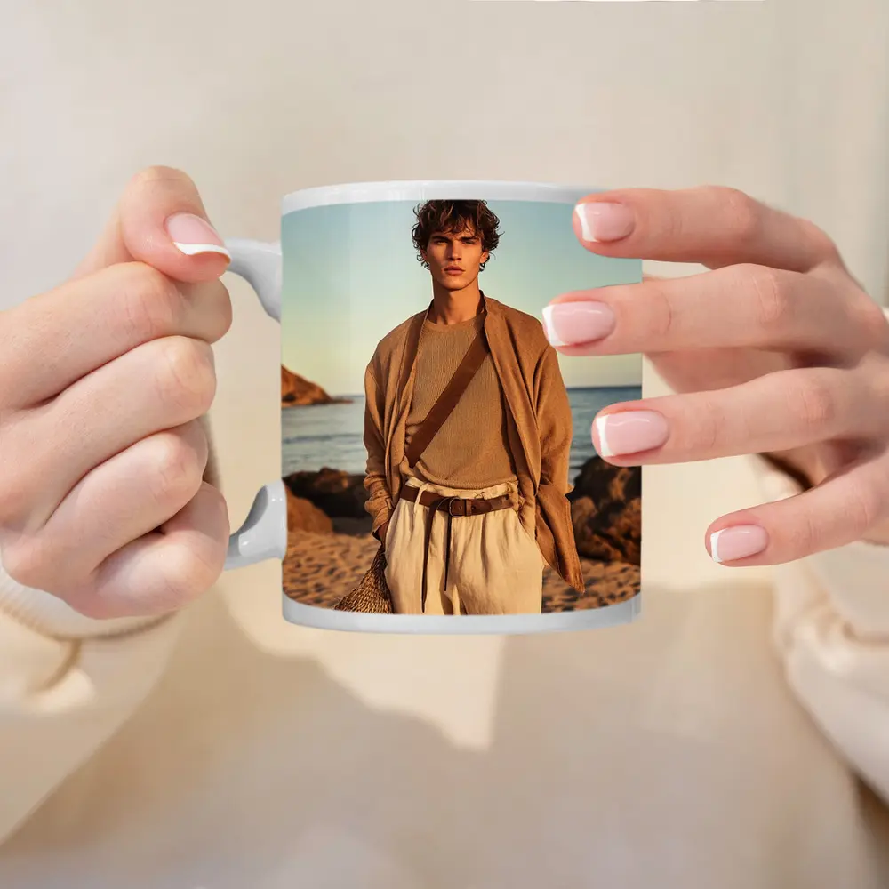 Young Man Beige Outfit Rocky Beach – Mugs