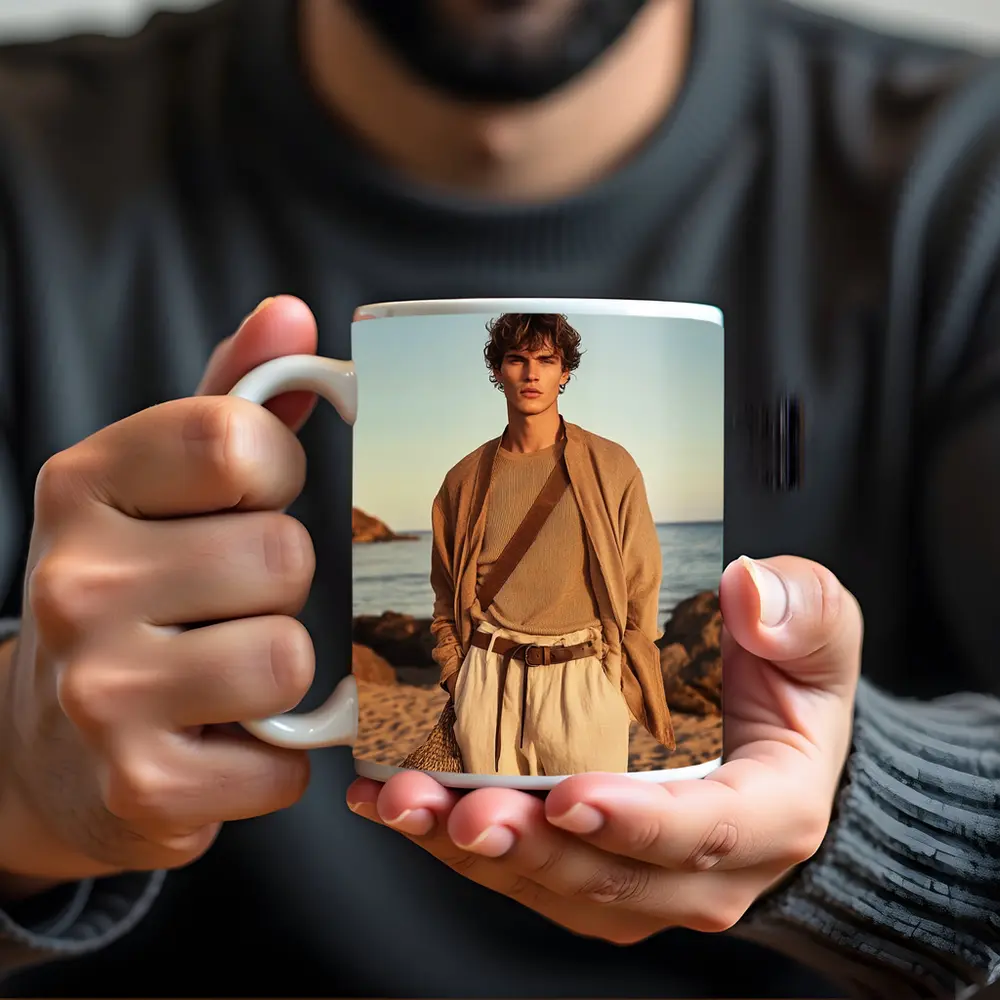 Young Man Beige Outfit Rocky Beach – Mugs