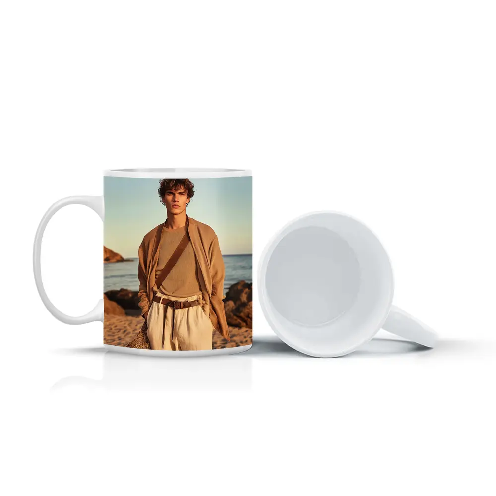 Young Man Beige Outfit Rocky Beach – Mugs