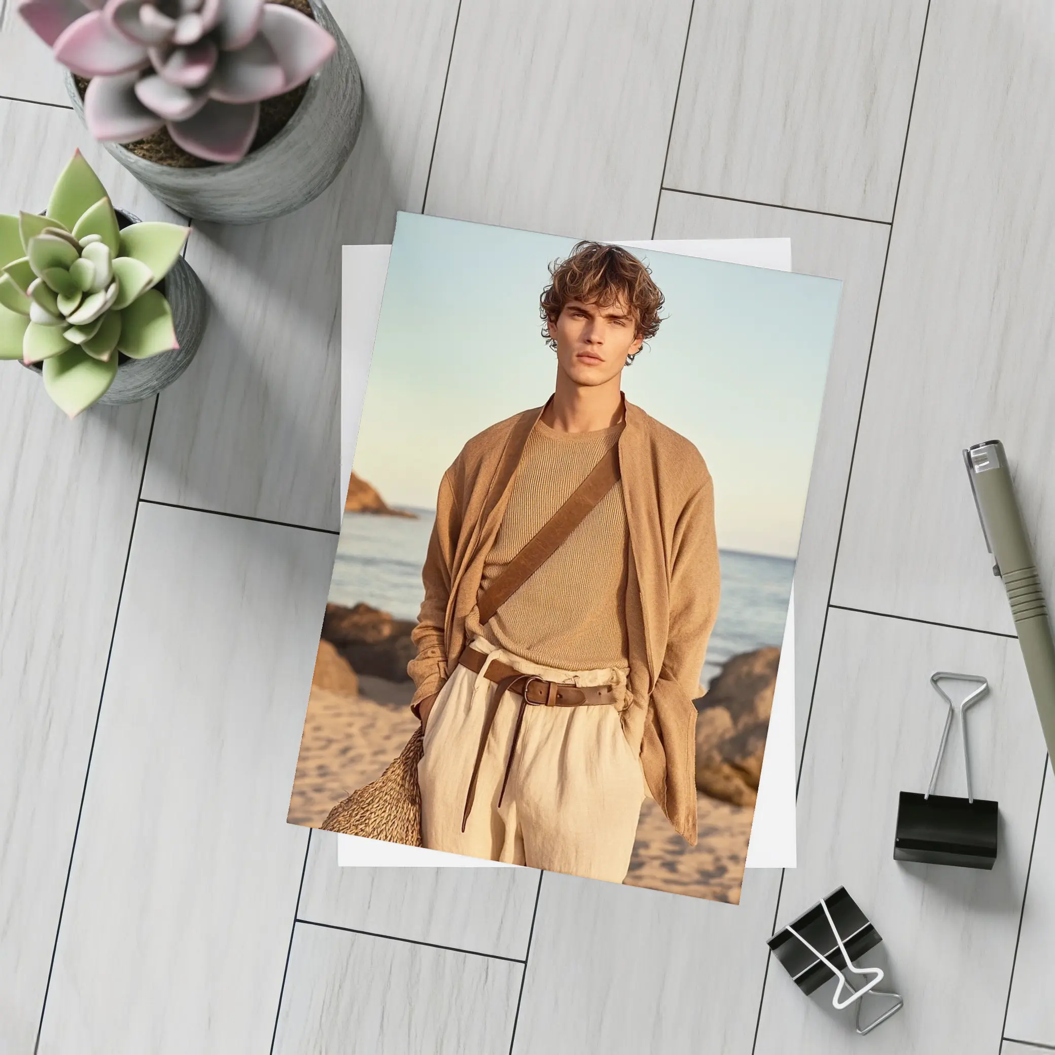 Young Man Beige Outfit Rocky Beach – Postcards