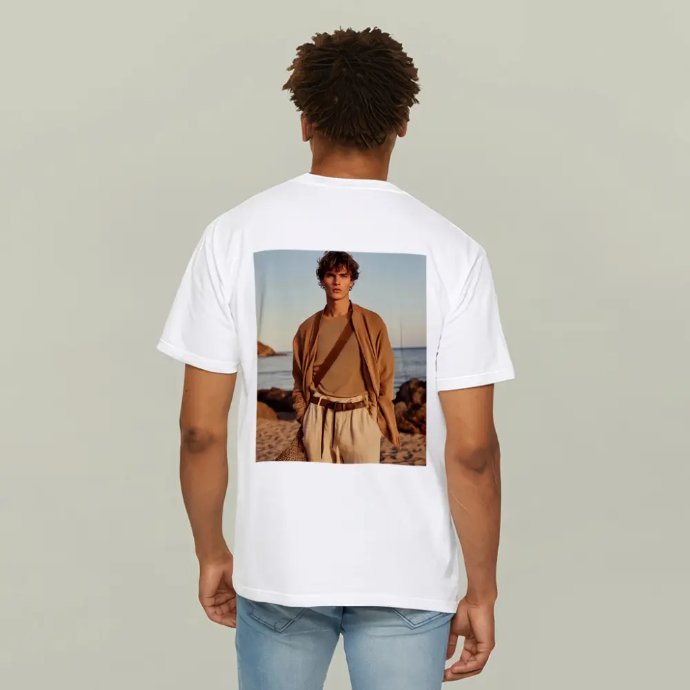 Young Man Beige Outfit Rocky Beach – T-Shirts