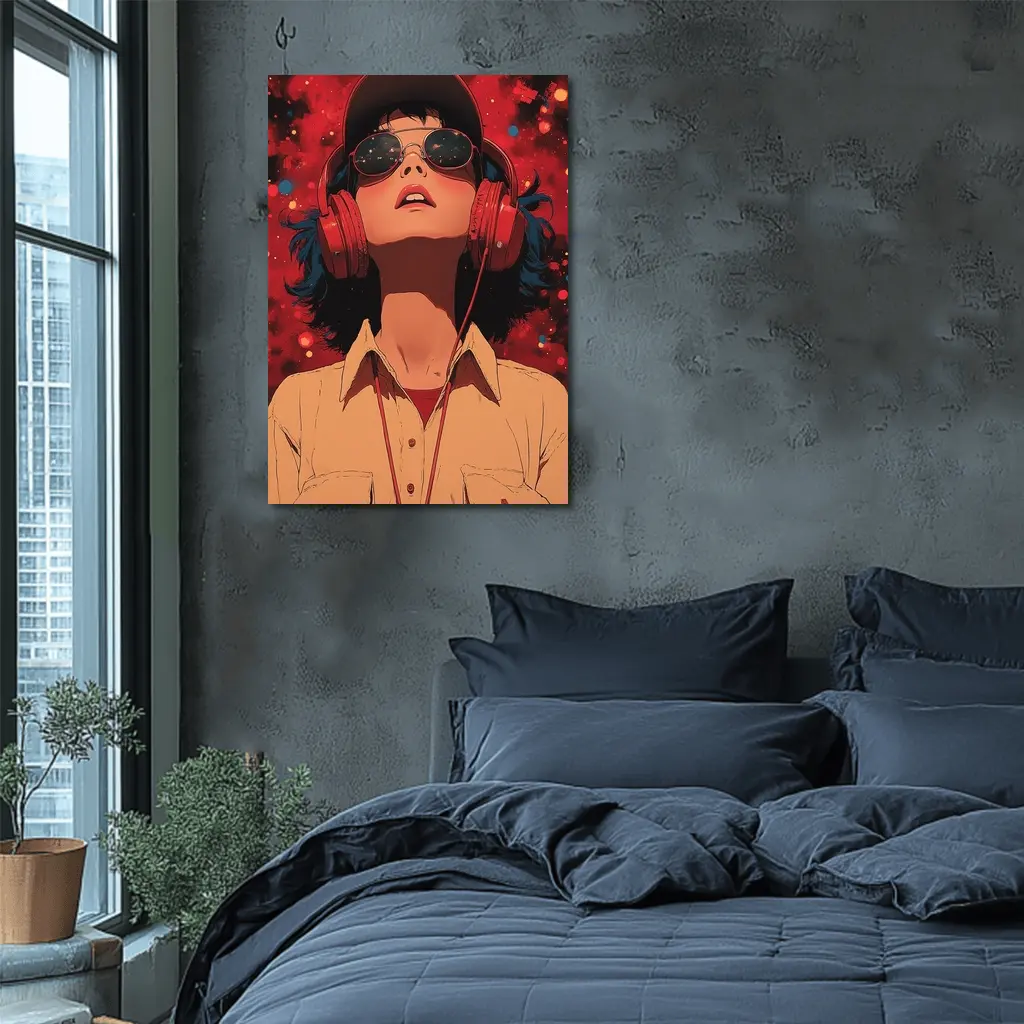 Anime Girl Headphones Red Cosmic Background – Wall Art