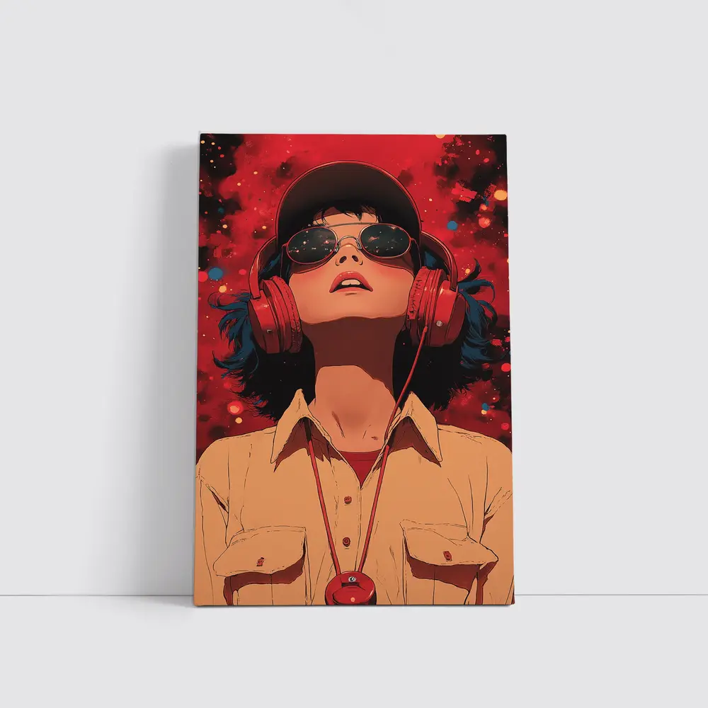 Anime Girl Headphones Red Cosmic Background – Wall Art