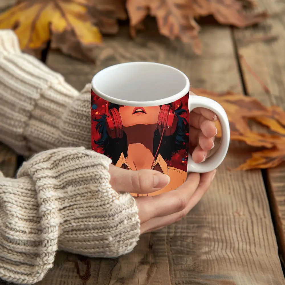 Anime Girl Headphones Red Cosmic Background – Mugs