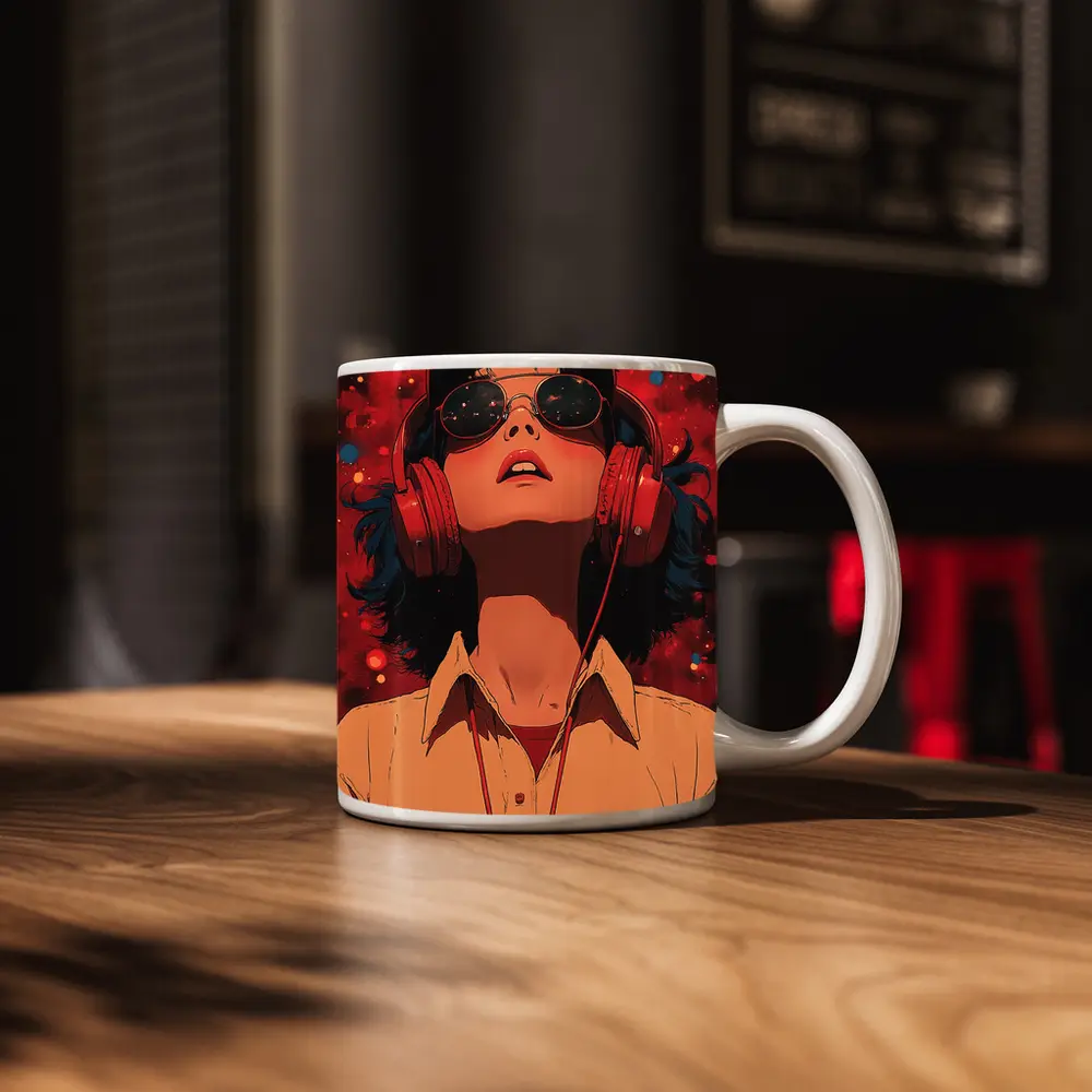 Anime Girl Headphones Red Cosmic Background – Mugs