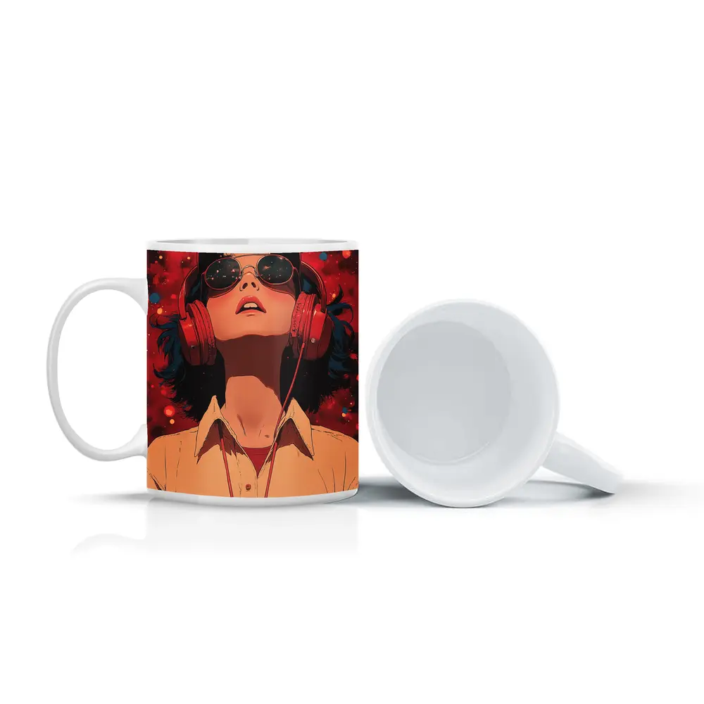 Anime Girl Headphones Red Cosmic Background – Mugs