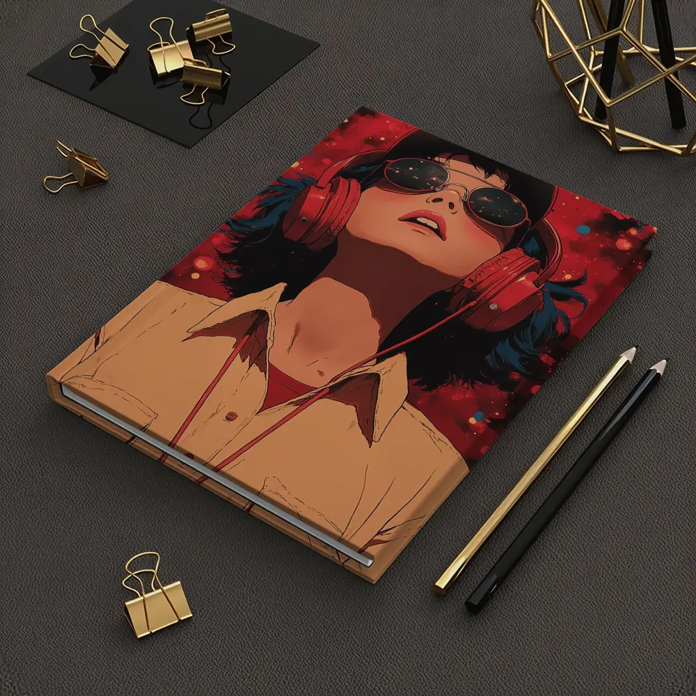 Anime Girl Headphones Red Cosmic Background – Notebooks