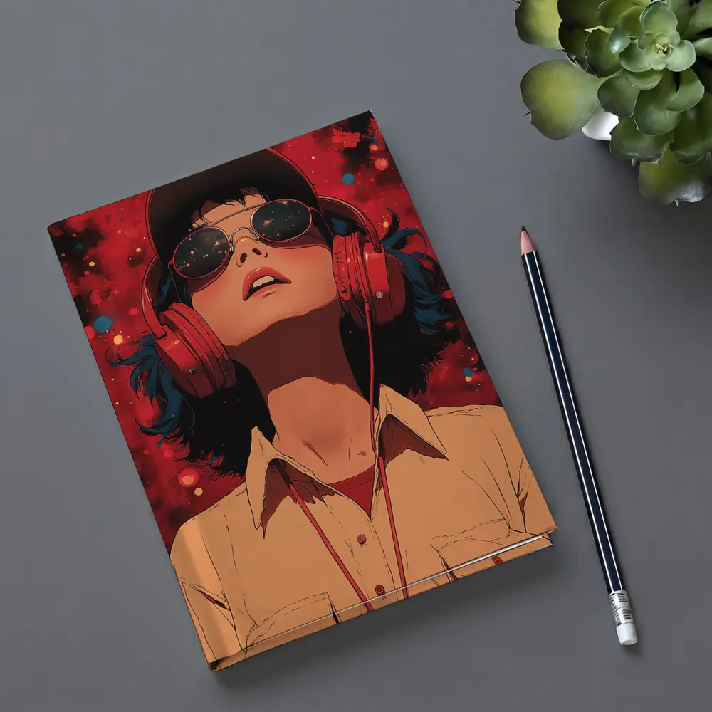 Anime Girl Headphones Red Cosmic Background – Notebooks