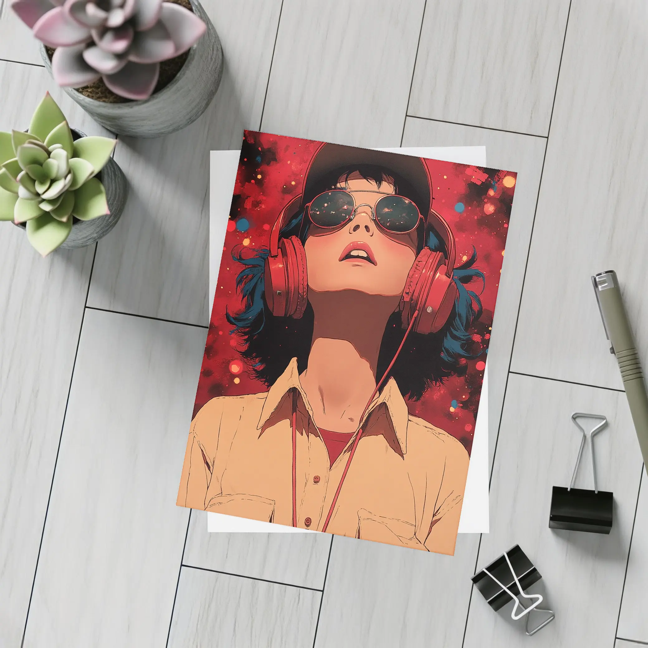 Anime Girl Headphones Red Cosmic Background – Postcards