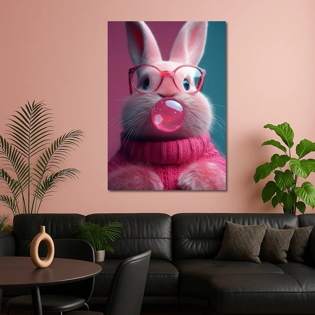 Pink Bunny Blowing Bubble Gum Art – Wall Art