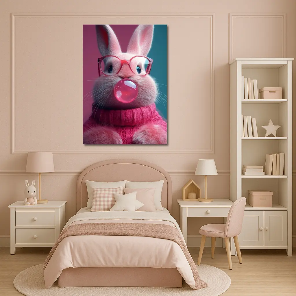 Pink Bunny Blowing Bubble Gum Art – Wall Art