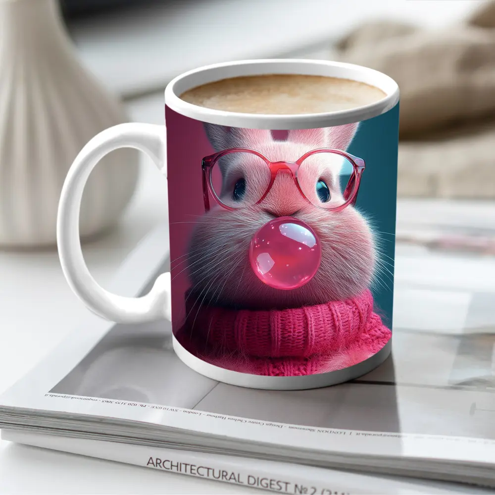 Pink Bunny Blowing Bubble Gum Art – Mugs