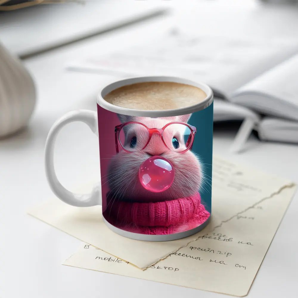 Pink Bunny Blowing Bubble Gum Art – Mugs