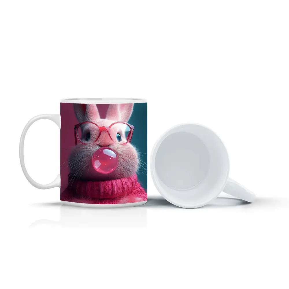 Pink Bunny Blowing Bubble Gum Art – Mugs