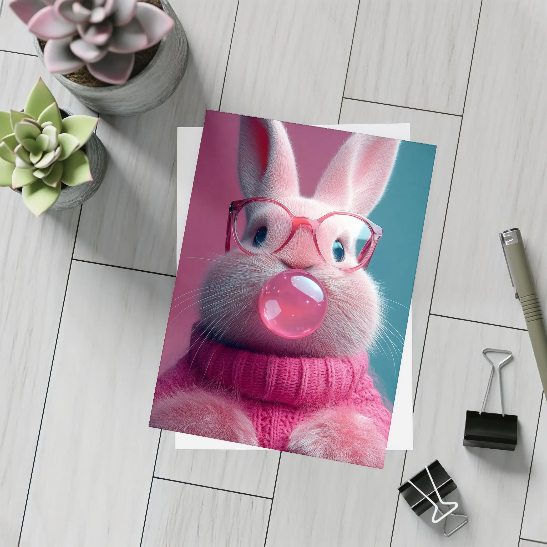 Pink Bunny Blowing Bubble Gum Art – Postcards