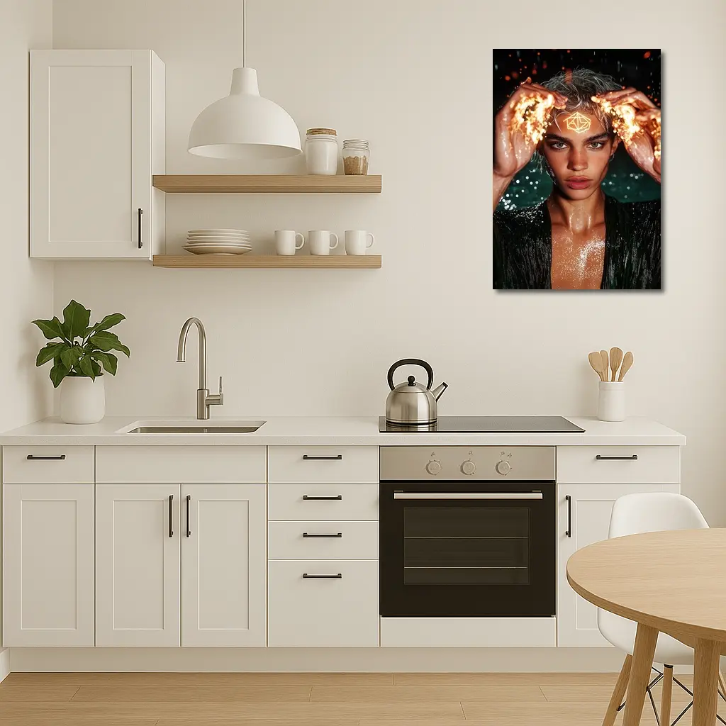 Young Man Fire Hands Mystical Dark Portrait – Wall Art