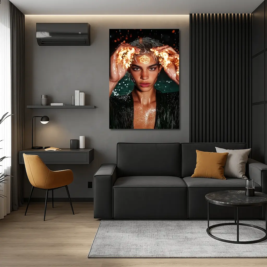 Young Man Fire Hands Mystical Dark Portrait – Wall Art