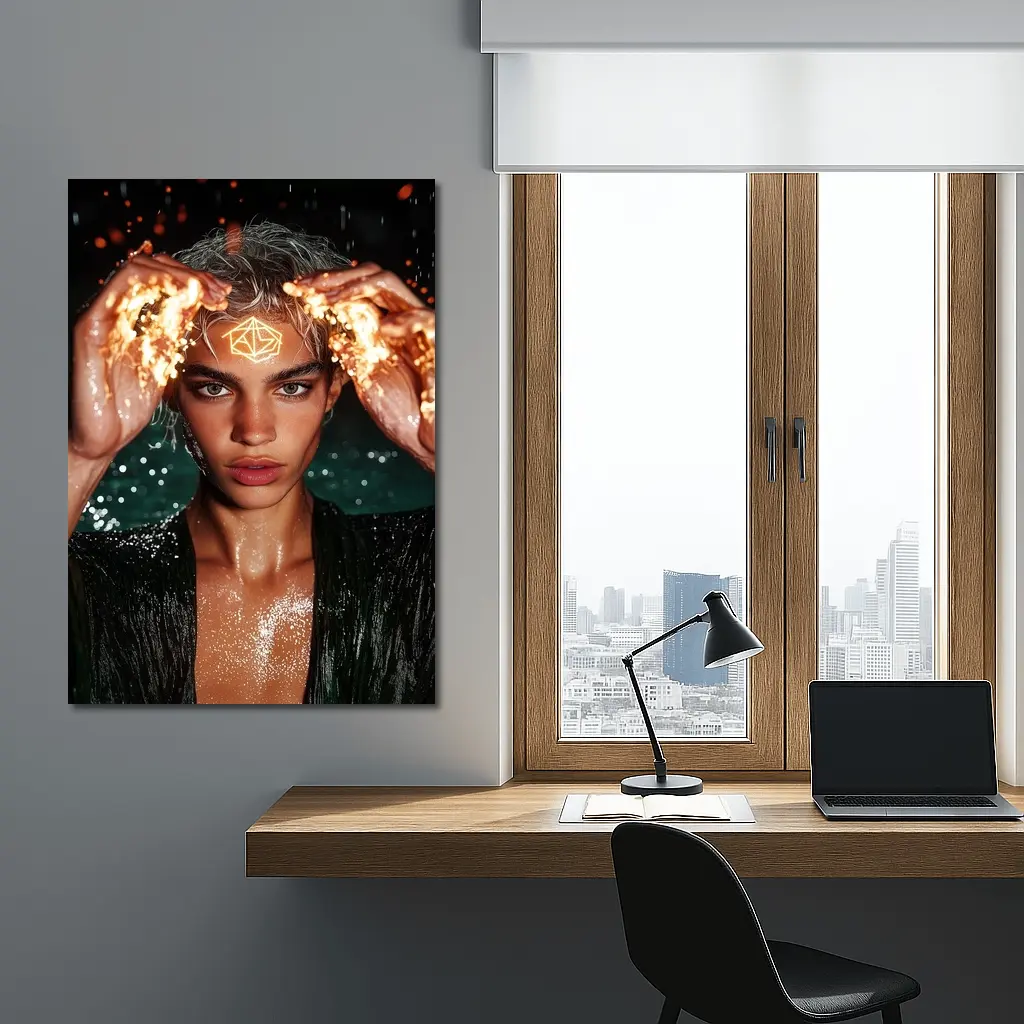 Young Man Fire Hands Mystical Dark Portrait – Wall Art