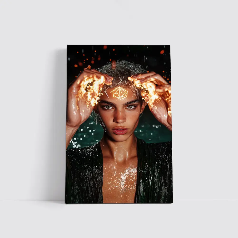 Young Man Fire Hands Mystical Dark Portrait – Wall Art