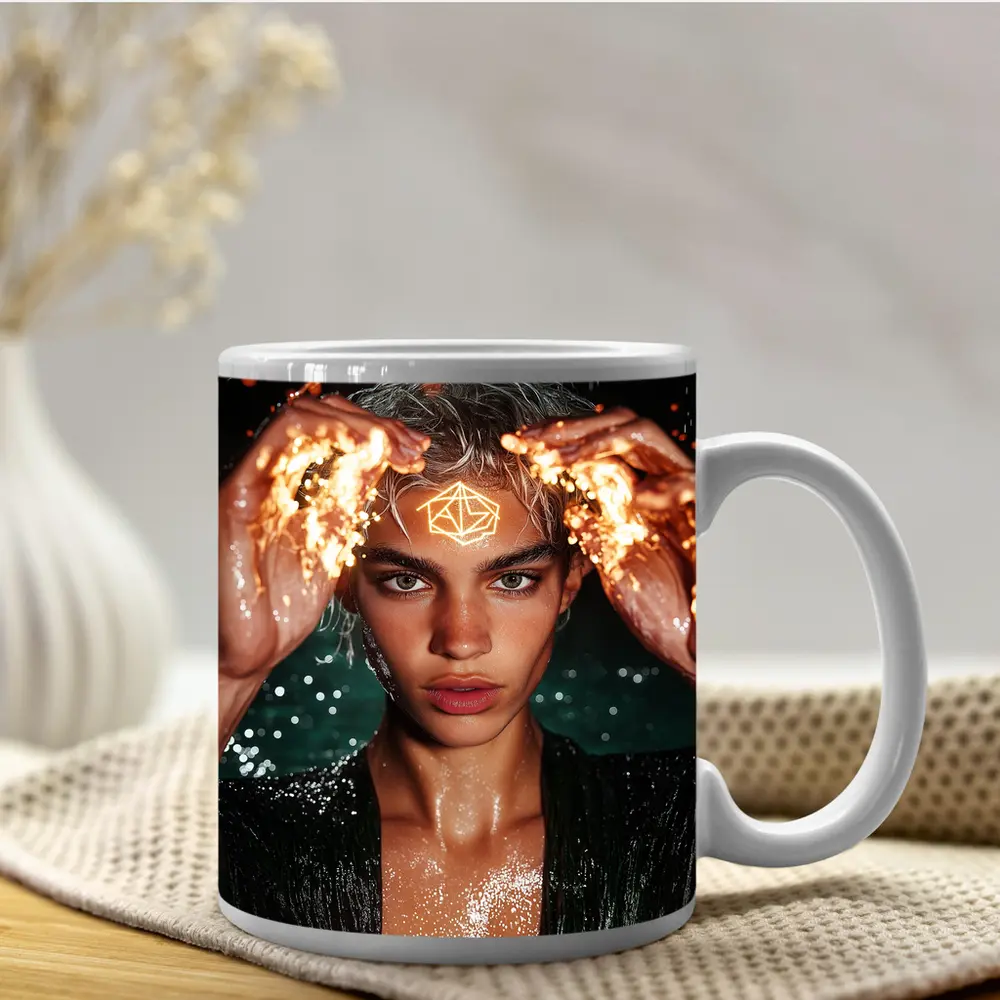 Young Man Fire Hands Mystical Dark Portrait – Mugs