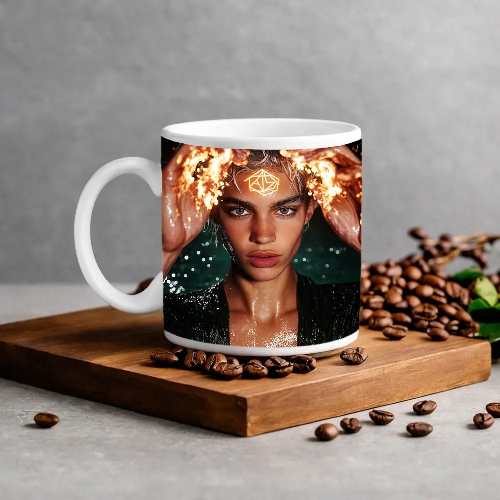 Young Man Fire Hands Mystical Dark Portrait – Mugs