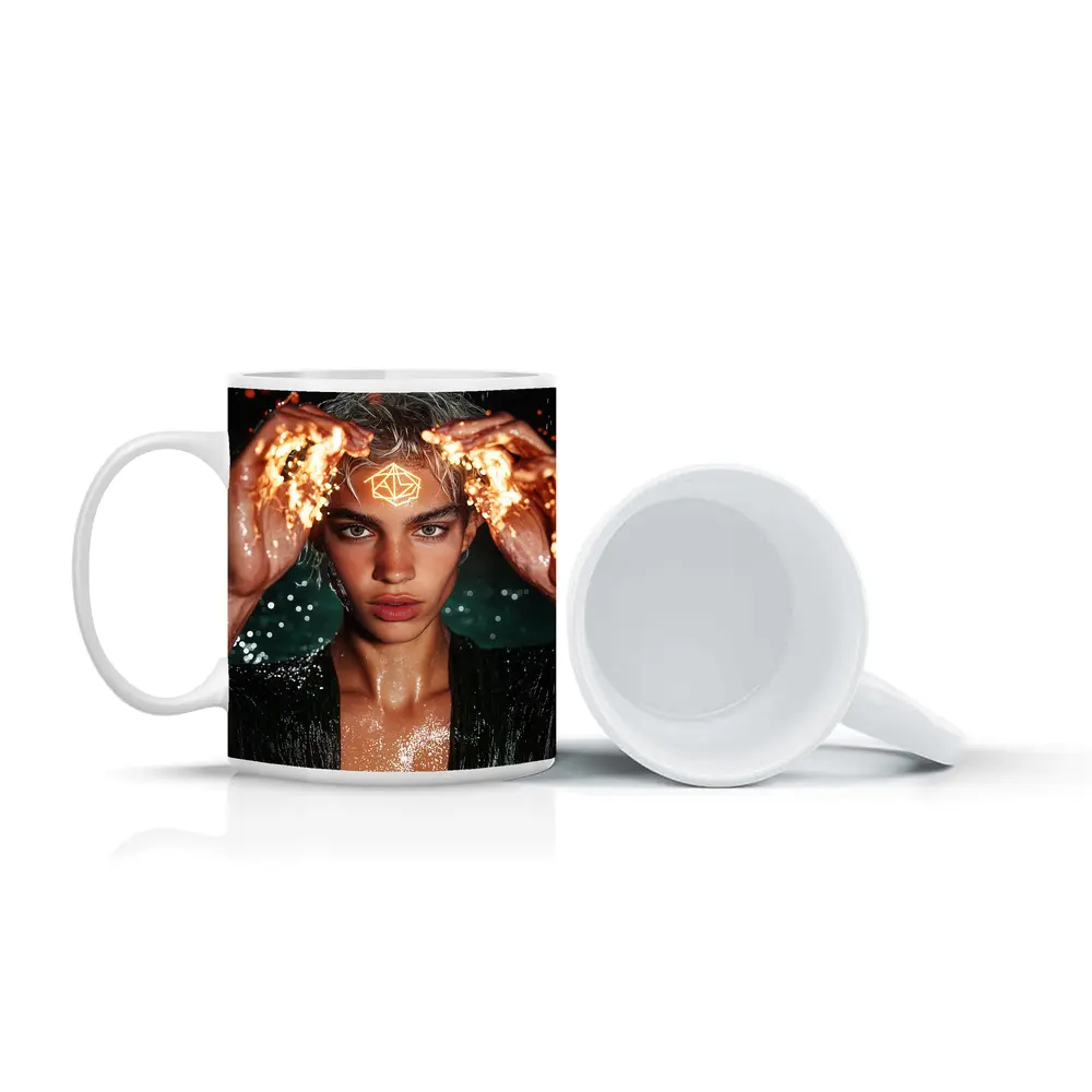 Young Man Fire Hands Mystical Dark Portrait – Mugs