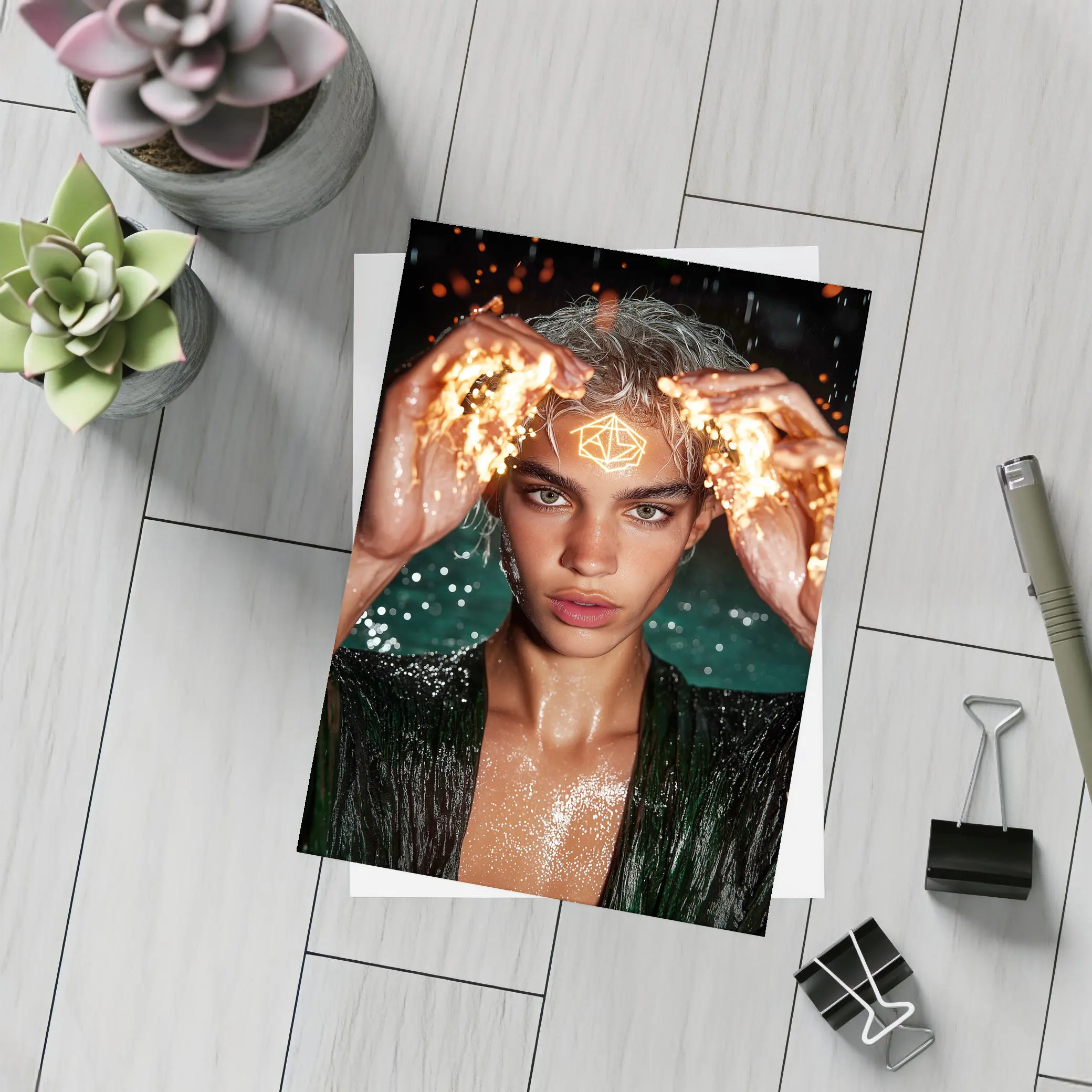 Young Man Fire Hands Mystical Dark Portrait – Postcards