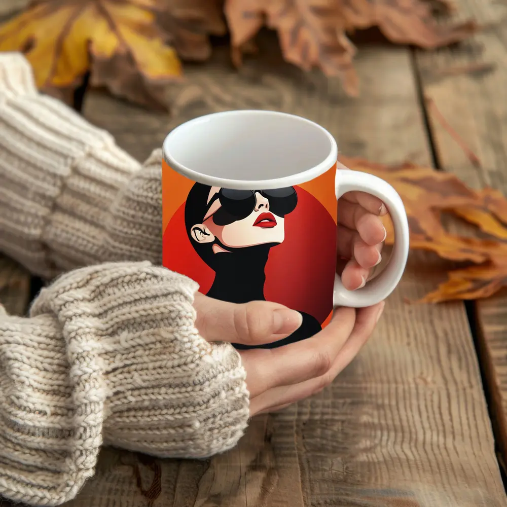 Fashion Woman Sunglasses Red Orange Background – Mugs