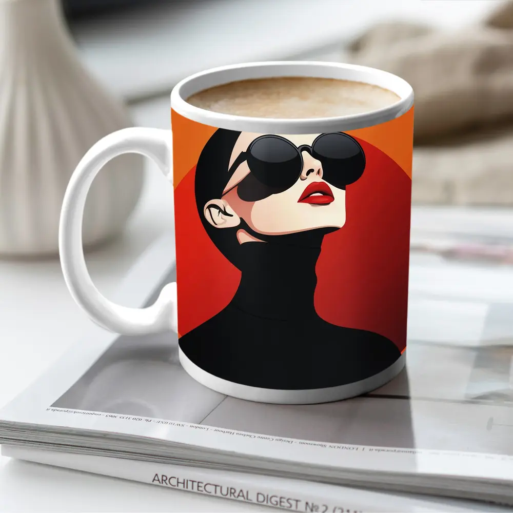 Fashion Woman Sunglasses Red Orange Background – Mugs