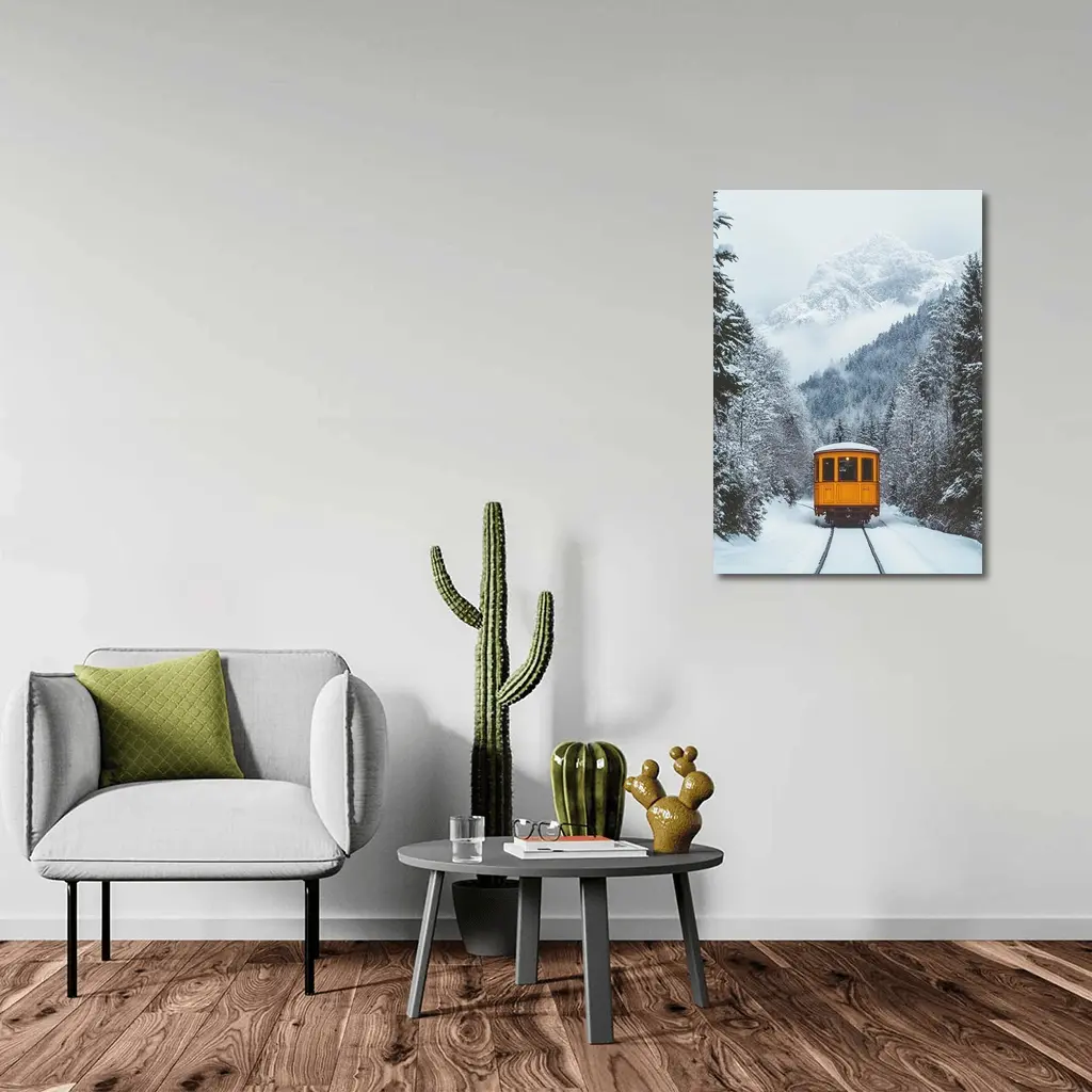 Yellow Train Passing Through Snowy Mountain Forest – Wall Art