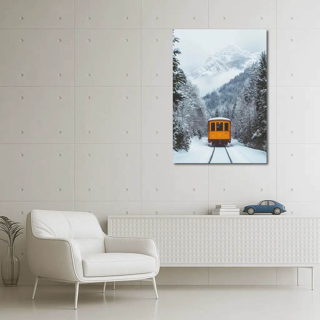 Yellow Train Passing Through Snowy Mountain Forest – Wall Art