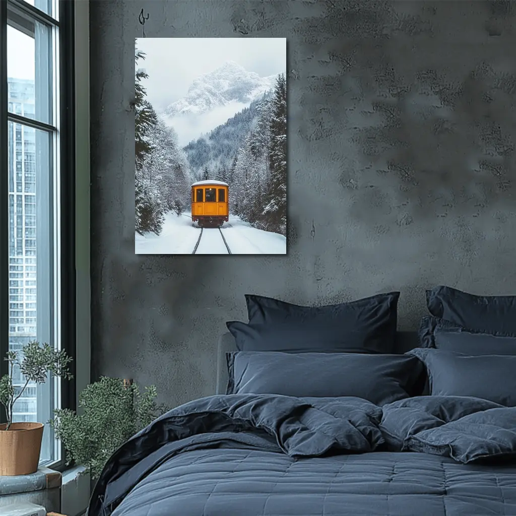 Yellow Train Passing Through Snowy Mountain Forest – Wall Art