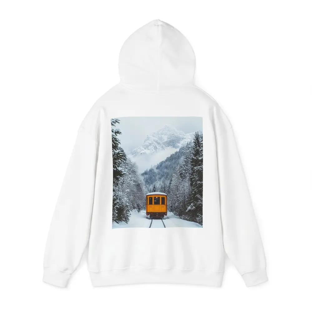 Yellow Train Passing Through Snowy Mountain Forest – Hoodies