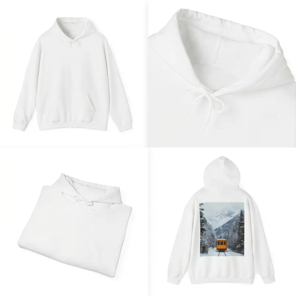 Yellow Train Passing Through Snowy Mountain Forest – Hoodies