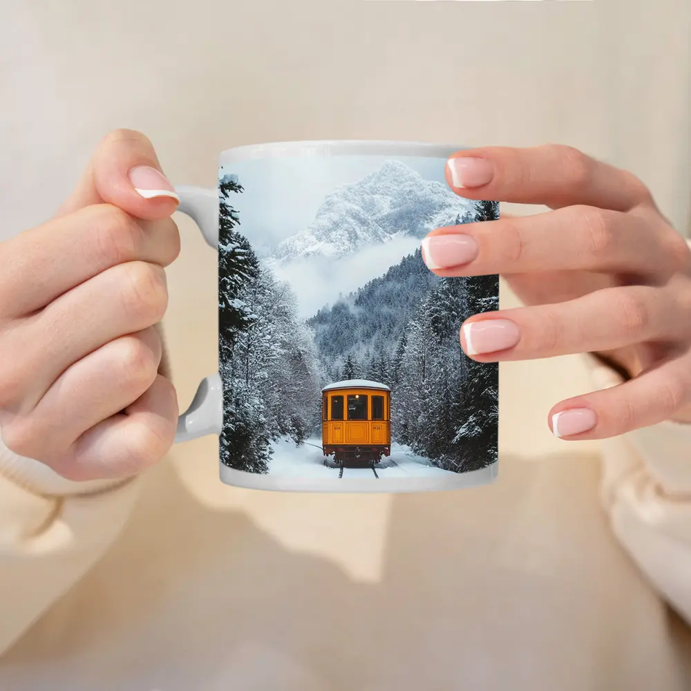 Yellow Train Passing Through Snowy Mountain Forest – Mugs