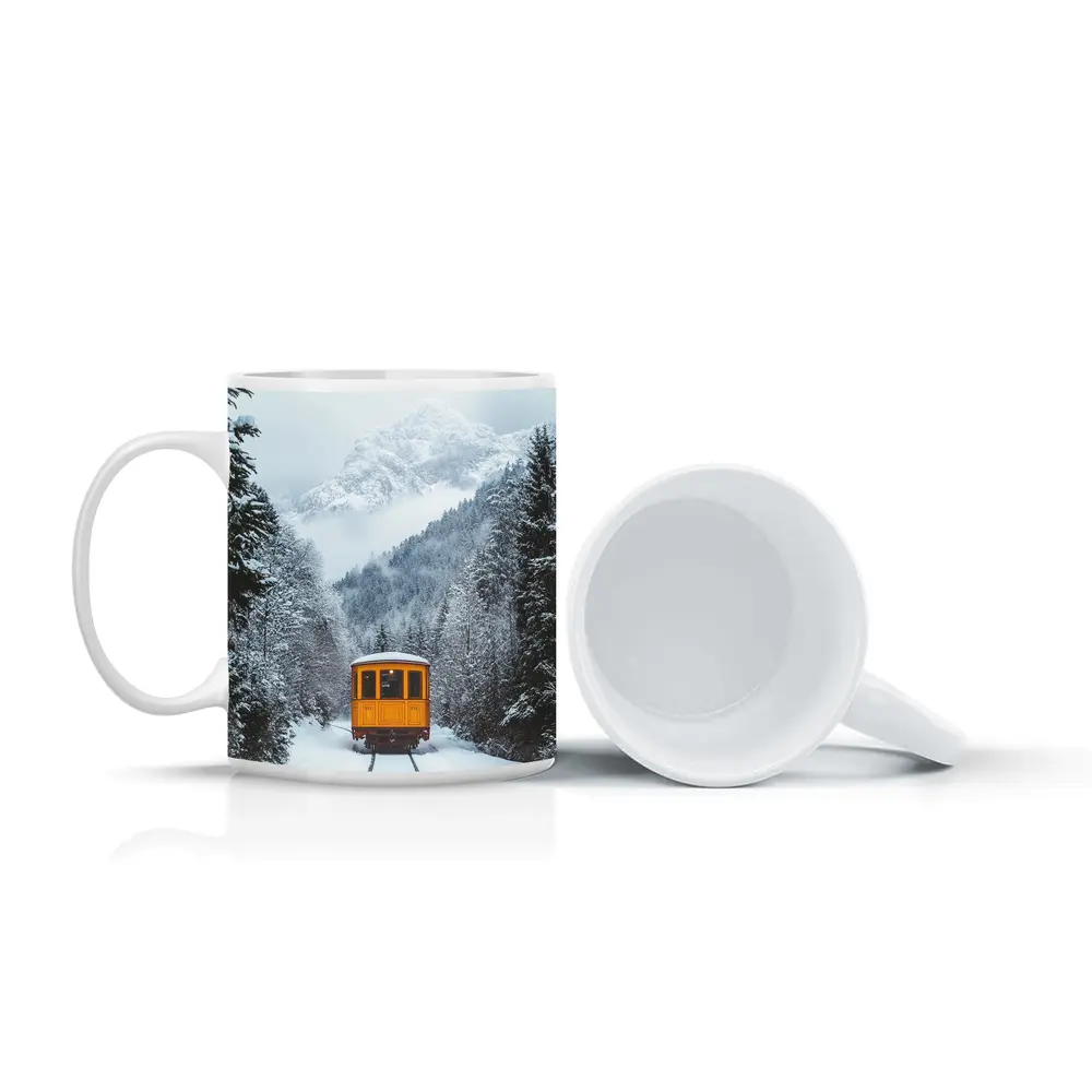 Yellow Train Passing Through Snowy Mountain Forest – Mugs