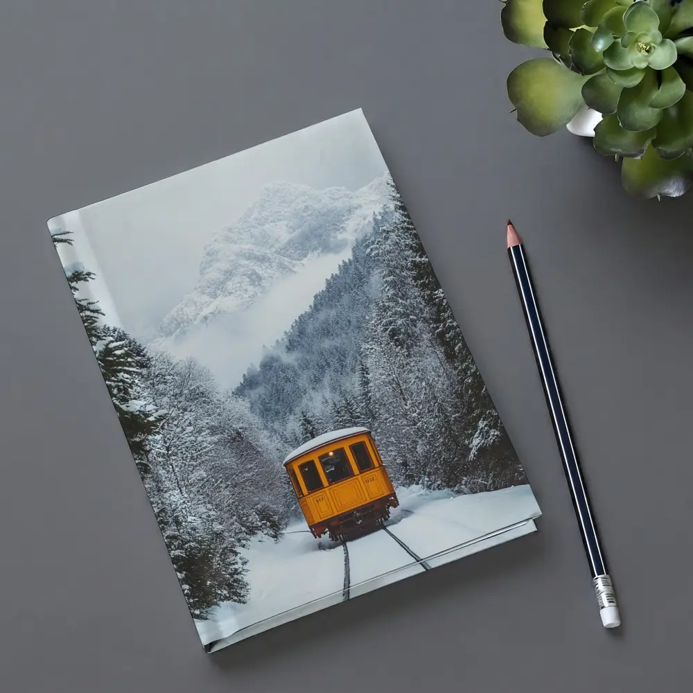 Yellow Train Passing Through Snowy Mountain Forest – Notebooks