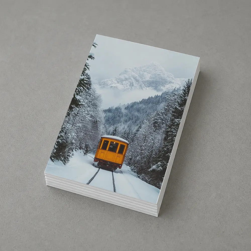 Yellow Train Passing Through Snowy Mountain Forest – Postcards