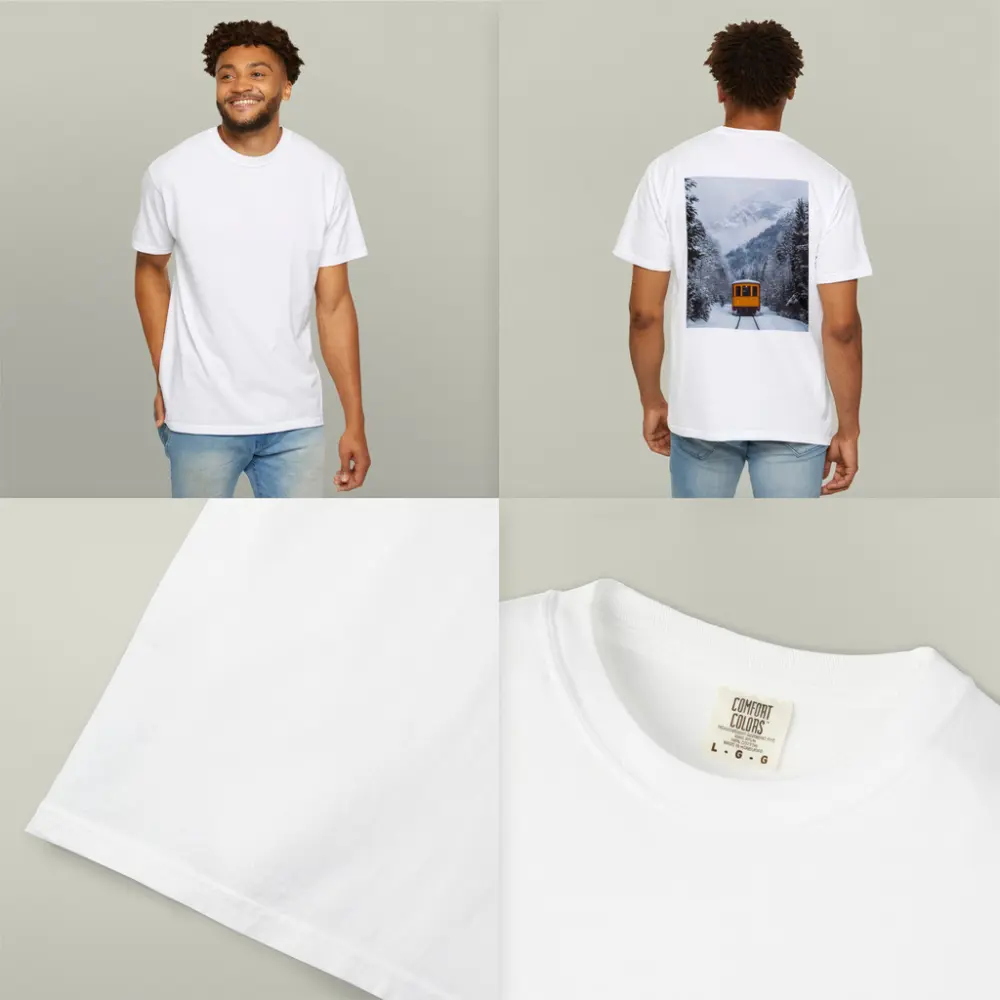 Yellow Train Passing Through Snowy Mountain Forest – T-Shirts