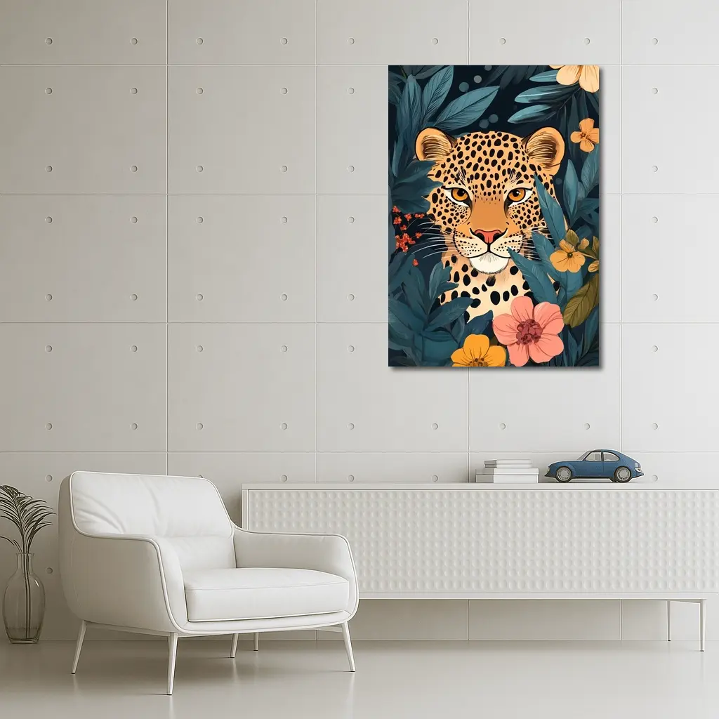 Leopard Portrait Tropical Flowers Dark Background – Wall Art