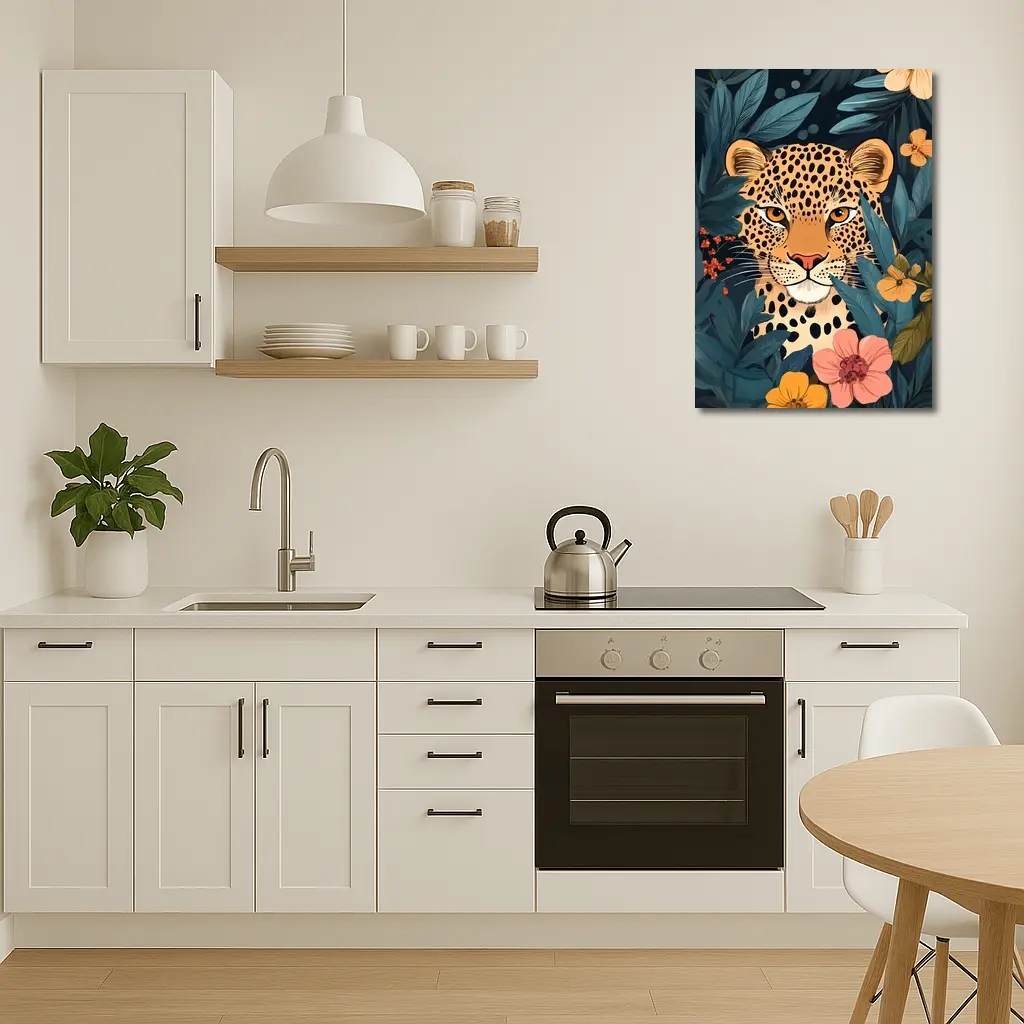Leopard Portrait Tropical Flowers Dark Background – Wall Art