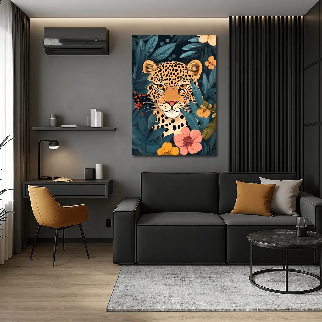 Leopard Portrait Tropical Flowers Dark Background – Wall Art