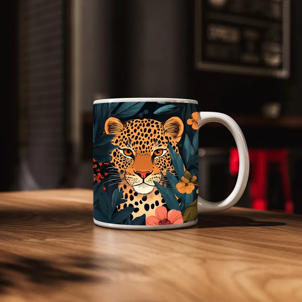 Leopard Portrait Tropical Flowers Dark Background – Mugs